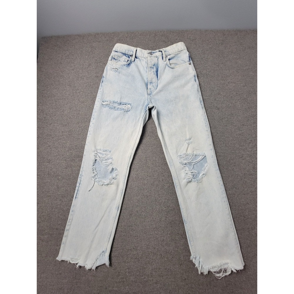 We The Free Jeans Women 27 Blue Distressed Ripped High Rise Straight Leg Raw Hem